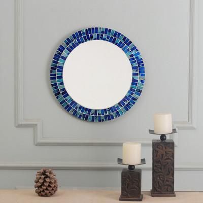 Sapphire Beach,'Modern Round Glass Mosaic Wood Wall Mirror in Blue and Aqua'