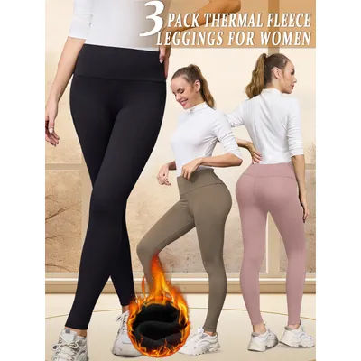 3 Pack Womens Thermal Fleece Lined High Waisted Leggings. Workout Winter Warm Thick Tights Soft Yoga Pants