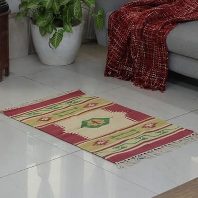 'Hand-Loomed Geometric Fringed Cotton Dhurrie Area Rug (2x3)'