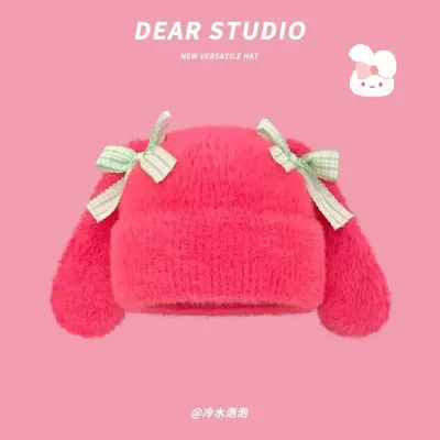 2025 nouveau japonais doux arc lapin oreille en peluche tricoté chapeau femmes hiver en peluche chaud mignon oreille protecteur crâne Bonnet Bonnet