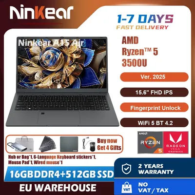 Ninkear A15 Air 2025 Laptop 15.6 Inch FHD IPS Screen AMD Ryzen™ 5 3500U 16GB DDR4 3200 MHz+512GB NVME SSD 180° Opening and Closing WiFi 5 BT 4.2 0.3s Fingerprint Unlock Tested ＆ Proven High Quality PC