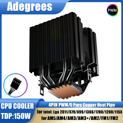 6 Heat Pipes CPU Air Cooler 4 Pin PWM RGB Black PC Cooling Fan Quiet Intel LGA 1700 2011 1200 1156 X79 X99 1366 AMD AM4 AM3 AM5