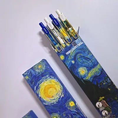 4Pcs/Box Trendy Van Gogh Oil Painting Press Gel Pen Black Ink ST 0.5mm Ballpoint Pens Stationery Quick-Drying Pens Student