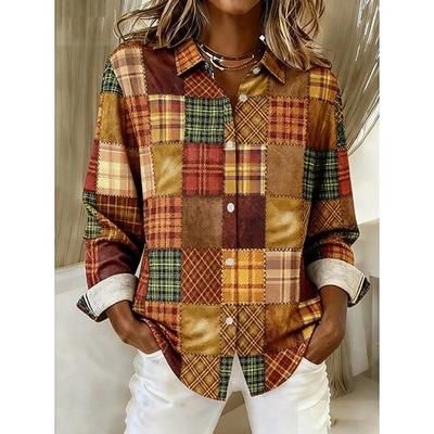 Per donna Camicia Blusa Patchwork Bottoni Stampato Grafico Geometrico Plaid Vintage Quotidiano Elegante Manica Lunga Colletto a Camicia Top Regolari Quotidiano Marrone rossastro Blu denim Giallo