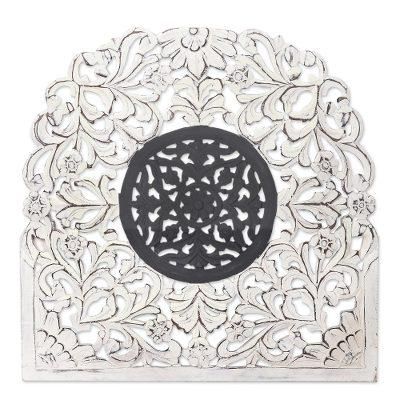 Dusk Muse,'Floral Wood Relief Panel in White and Grey from India'