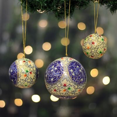 'Hand-Painted 3-Piece Papier Mache Ornament Set from India'