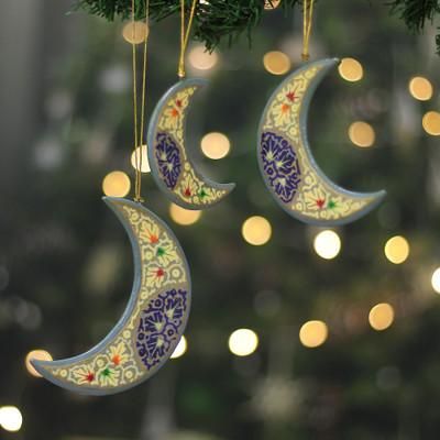 '3 Crescent Moon Kashmiri Folk Art-Themed Wood Ornaments'
