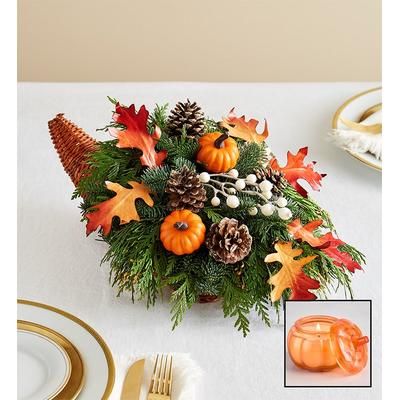 1-800-Flowers Gifts Delivery Thanksgiving Traditions Cornucopia Small W/ Pumpkin Spice Candle