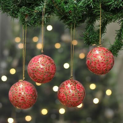 'Golden and Pink Floral 4-Piece Papier Mache Ornament Set'