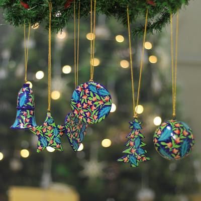 'Painted 6-Piece Floral Christmas Wood Ornament Set in Blue'