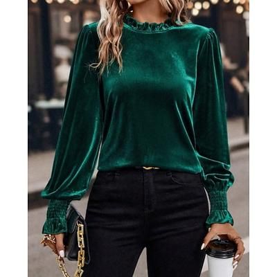 Per donna Velluto Elegant Elegante Blusa Arricciato Semplice Vintage Elegante Manica Lunga Girocollo Top Regolari Quotidiano Ferie Uscire Blu Verde militare Verde Rosa Autunno Inverno