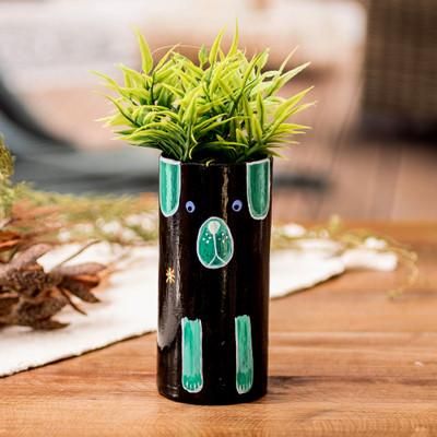 Black Canine Organizer,'Ceramic Dog Utensil Pen Holder and Decorative Vase in Black'