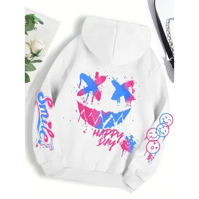 Happy Day Graffiti Print Boys Girls Hoodie Street Hip Hop Hoody Fashion Crewneck Versatile Hoodies Vintage Oversize Kids Clothes