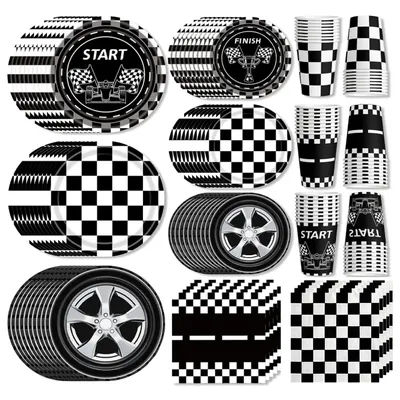 Race Car Party Disposable Racing Black Plaid and Racing tires Plates Cups Napkins Race Car Themed Birthday Party Decor Supplies