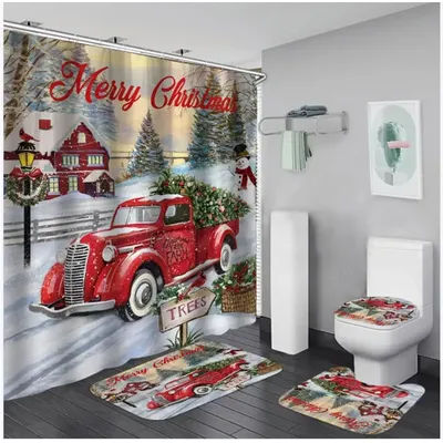 Ensemble de rideau de douche de Noël imprimé bonhomme de neige, père Noël, imperméable, couverture de toilette, polymères, tapis coordonnants, 4 pièces