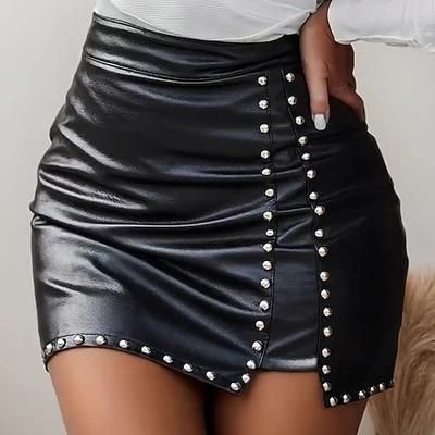 Per donna Aderente Elegante Vintage Moda Sexy Mini Vita Alta Gonne Semplice Patchwork Con perline Inelastico Micro-elastico Streetwear Quotidiano Nero Primavera Finta pelle Poliestere