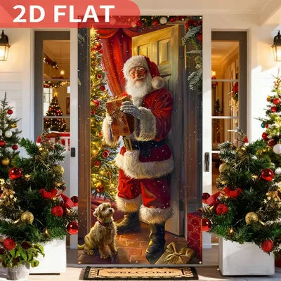 Tapisseries festives du père noël, tapis muraux, bannière de porte, couverture de porte en Polyester avec arbre de noël et chien, 3x6 pieds, 1 pièce