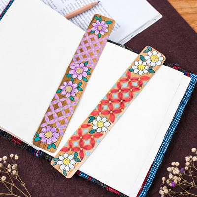 'Floral 2-Piece Hand-Painted Carved Longan Wood Bookmark Set'