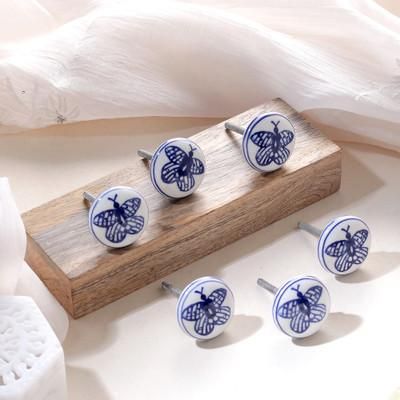 'Butterfly-Themed 6-Piece White and Blue Ceramic Knob Set'