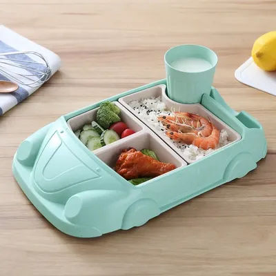 Creative Car Shaped Bamboo Fiber Baby Feeding Bowl Food Grade Cartoon Complementary Food Dish Divide Grids Bento Lunch Box Sets