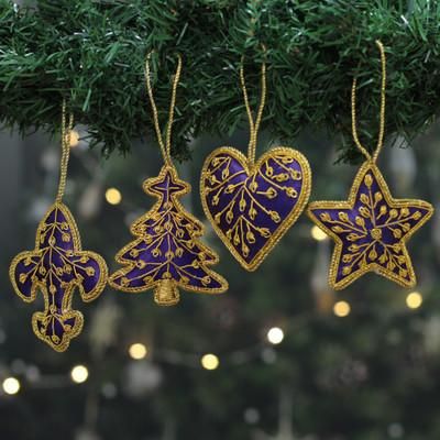Purple Christmas,'Set of 4 Purple Christmas Ornaments with Zardozi Embroidery'