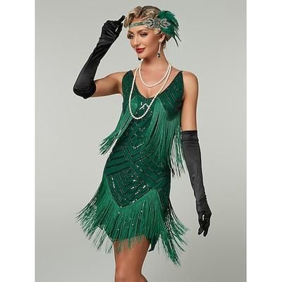 Anni Ruggenti Anni 1920 Mini Abito Flapper Senza maniche Il grande Gatsby Paillettes Frange Scollo Tondo Costume Per donna Natale Carnevale speakeasy Mascherata Festa a tema retrò Adulti Vestito