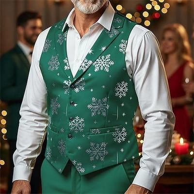 Per uomo Gilet Natale Vacanza Feste Natale Moda Primavera Autunno Tasca Bottoni Poliestere Confortevole Fiocco di neve Monopetto Un Bottone Bavero Vestibilità regolare Rosso Verde Gilet