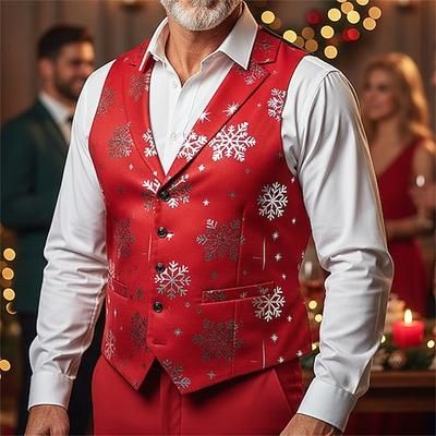 Per uomo Gilet Natale Vacanza Feste Natale Moda Primavera Autunno Tasca Bottoni Poliestere Confortevole Fiocco di neve Monopetto Un Bottone Bavero Vestibilità regolare Rosso Verde Gilet