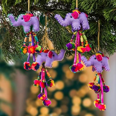'Thai 4-Piece Cotton Blend Elephant Ornament Set in Purple'