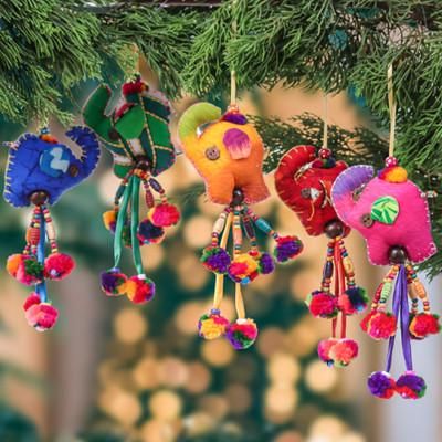 Holiday Parade,'5 Cotton Beaded Elephant Christmas Ornaments with Pompoms'