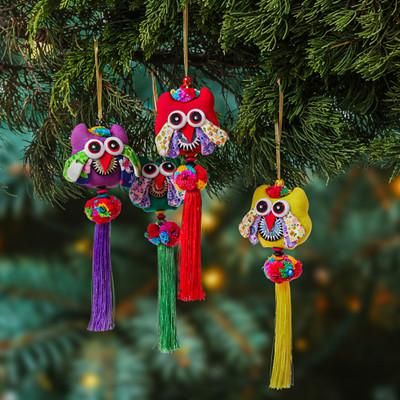 Owl Veils,'Thai-Inspired Owl-Themed 4-Piece Cotton Blend Ornament Set'