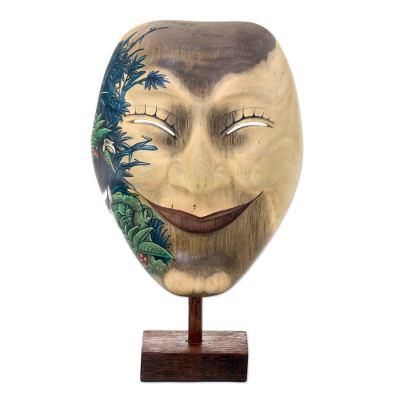 Blissful Smile,'Hand Carved and Painted Modern Balinese Mask and Stand'