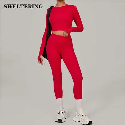 SWELTERING Yoga Suit Women Tracksuit 2PCS Sports Set Fitness Set Quick-Drying Gym Set Running Workout Long Sleeve Yoga Clothing