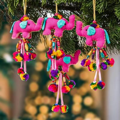 'Elephant-Themed 4-Piece Cotton Blend Ornament Set in Pink'
