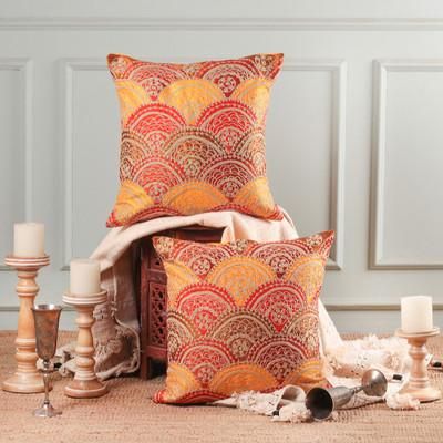 '2 Sun-Themed Embroidered Orange Yellow Brown Cushion Covers'