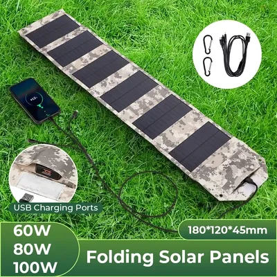 100W/80W/60W Foldable Solar Panel USB 5V Solar Charger Portable Solar Cell Outdoor Phone Power Bank for Camping Hiking + Cable