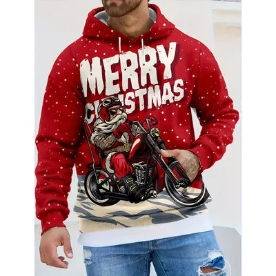 Men's 3D Santa Motorcycle Christmas Hooded Sweatshirt with Biker Santa Motorcycle Design Long Sleeve Pullover Women's Hoodie
