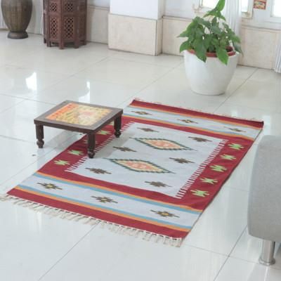 Crimson Abode,'Crimson and Sky Blue 100% Wool Dhurrie Rug from India (3x5)'