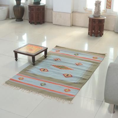 Kiwi Home,'Kiwi and Sky Blue 100% Wool Dhurrie Rug Woven by Hand (3x5)'