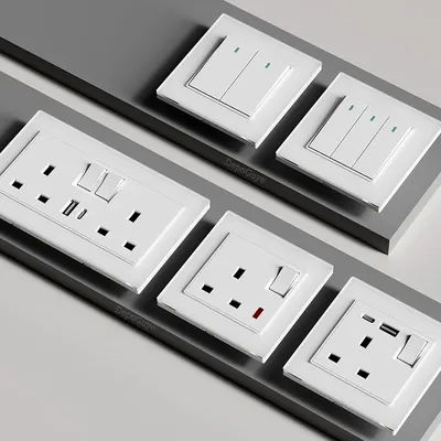 White Universal UK 13A Socket with USB Type-C 18W Fast Charging Wall Socket,Tempered Glass Button Light Switch,Dual 3pin Socket