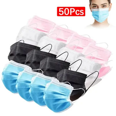50Pcs 3-layer Mask Face Masks Melt Blown Cloth Disposable Safety Anti-Dust Protective Masks Blue Adults Non-wove Masque