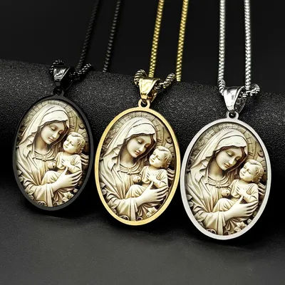 Virgin Mary Hold Baby Jesus Glass Medal Pendant Necklace Women Men Stainless Steel Catholic Mother Mary Amulet Chain Jewelry