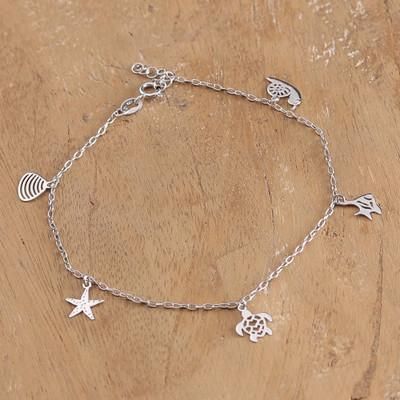 Ocean Shine,'Silver Anklet with Sea Life-Themed Charms from India'