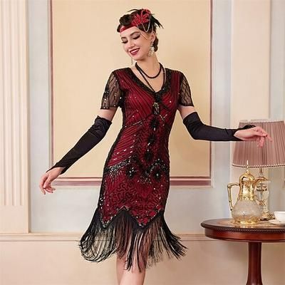 Anni Ruggenti Anni 1920 Lunghezza al ginocchio Abito Flapper Maniche corte Il grande Gatsby Paillettes Frange Scollo a V Costume Per donna Natale Carnevale speakeasy Mascherata Festa a tema retrò