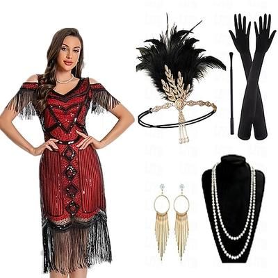 Set Anni Ruggenti Anni 1920 Lunghezza al ginocchio Vestito Abito Flapper Abiti con accessori Spalle scoperte Il grande Gatsby Invitato al matrimonio Paillettes Frangia con nappe Scollo a V Costume