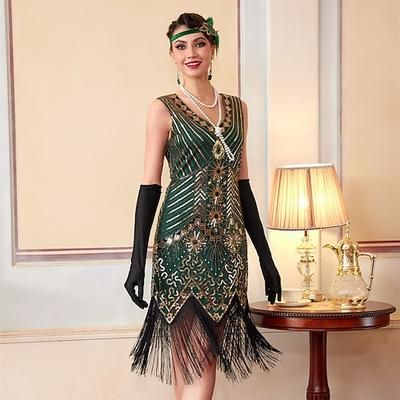 Anni Ruggenti Anni 1920 Lunghezza al ginocchio Abito Flapper Senza maniche Il grande Gatsby Paillettes Frange Scollo a V Costume Per donna Natale Carnevale speakeasy Mascherata Festa a tema retrò