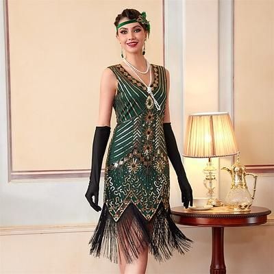 Anni Ruggenti Anni 1920 Lunghezza al ginocchio Abito Flapper Senza maniche Il grande Gatsby Paillettes Frange Scollo a V Costume Per donna Natale Carnevale speakeasy Mascherata Festa a tema retrò