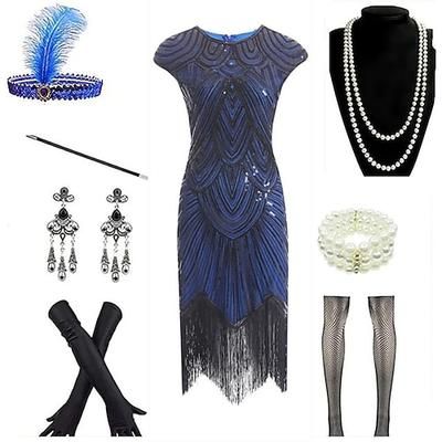 Set Anni Ruggenti Anni 1920 Lunghezza al ginocchio Vestito Abito Flapper Abiti con accessori Cortissima Il grande Gatsby Invitato al matrimonio Frangia con nappe Scollo a V Scollo Tondo Costume Per