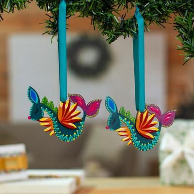 'Alebrije-Themed Hand-Painted Wood Seahorse Ornament Pair'