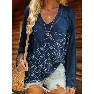 Per donna Maglietta Floreale Grafico Piante Elegante Bohemien Vintage Manica Lunga Scollo a V Top Regolari Quotidiano Uscire Weekend Stampato Blu Verde chiaro Blu turchese Viola Verde Primavera